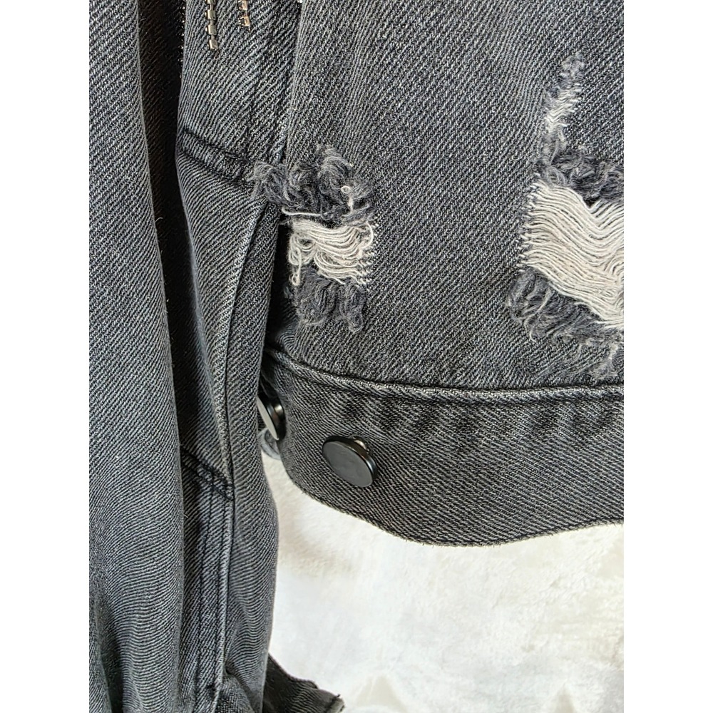 Blue B Collection Washed Black Cropped Distressed Denim Jacket Rhinestone Fringe - Picture 10 of 12